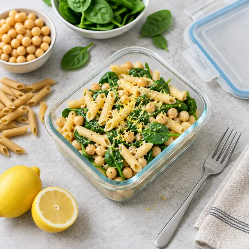 Lemon Chickpea Pasta with Spinach, packed for lunch