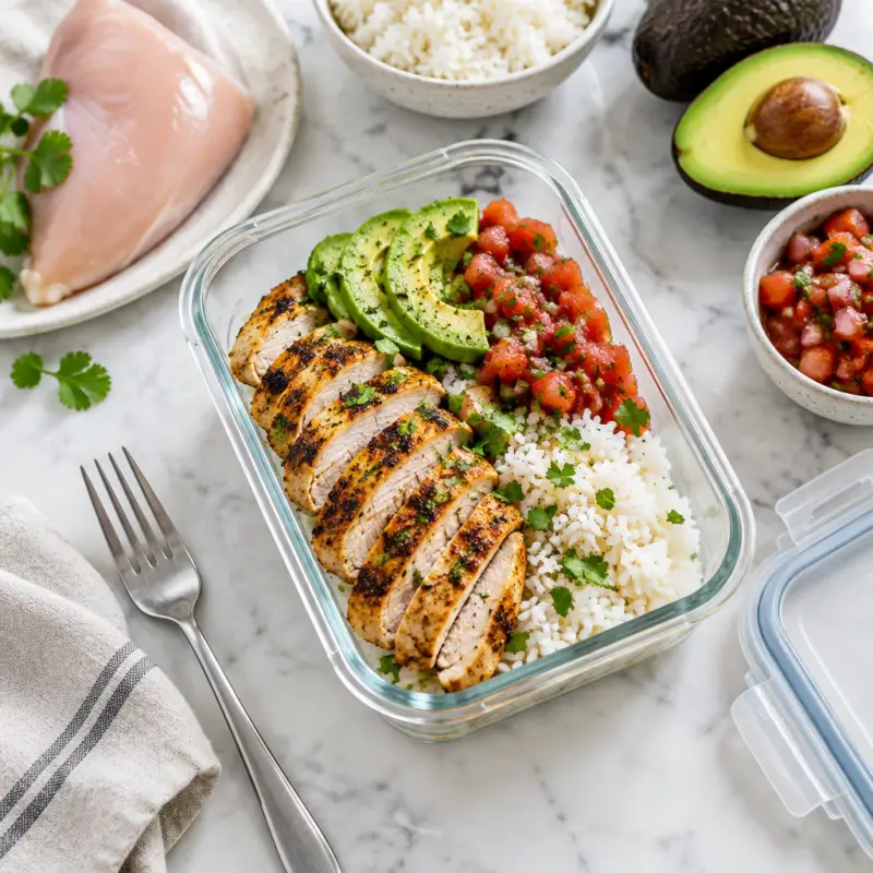 Loaded Protein Box with Chicken, Rice & Avocado, packed for lunch