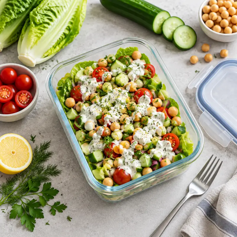 Chickpea Chopped Salad with Lemon-Herb Cottage Cheese Dressing, packed for lunch