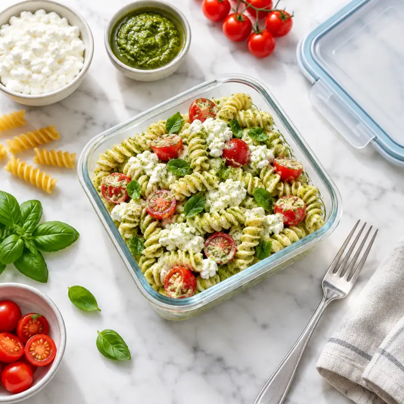 Creamy Pesto Pasta Salad with Cottage Cheese, packed for lunch