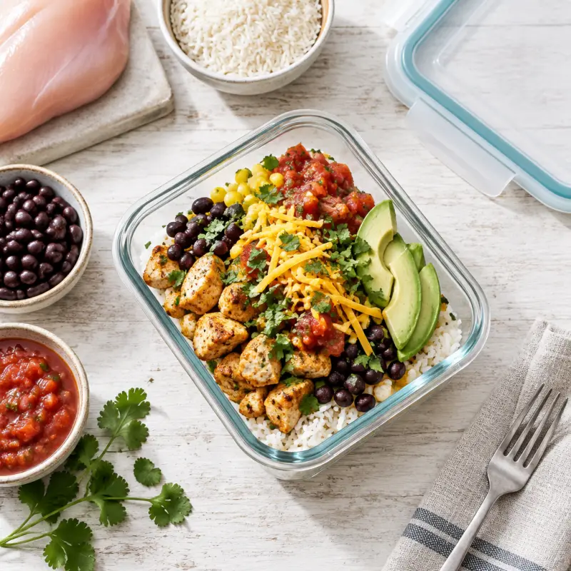Chicken Taco Rice Bowl, packed for lunch