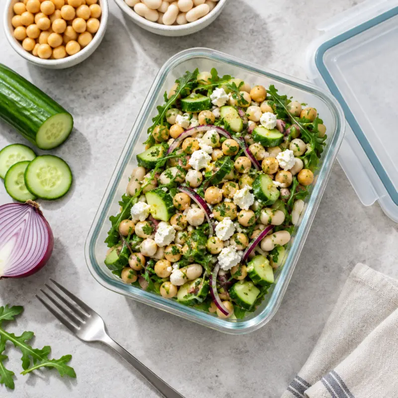 Dense Bean Salad Remix with Feta and Greens, packed for lunch