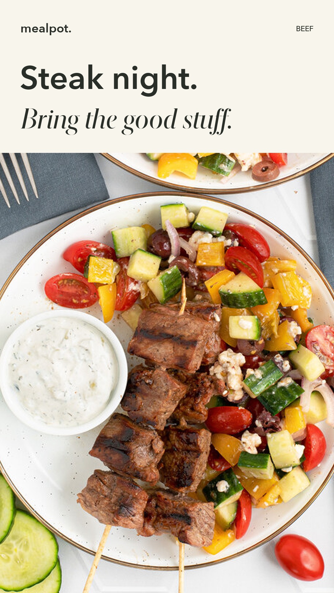 Grilled Balsamic Steak Skewers with Greek Salad & Tzatziki Sauce
