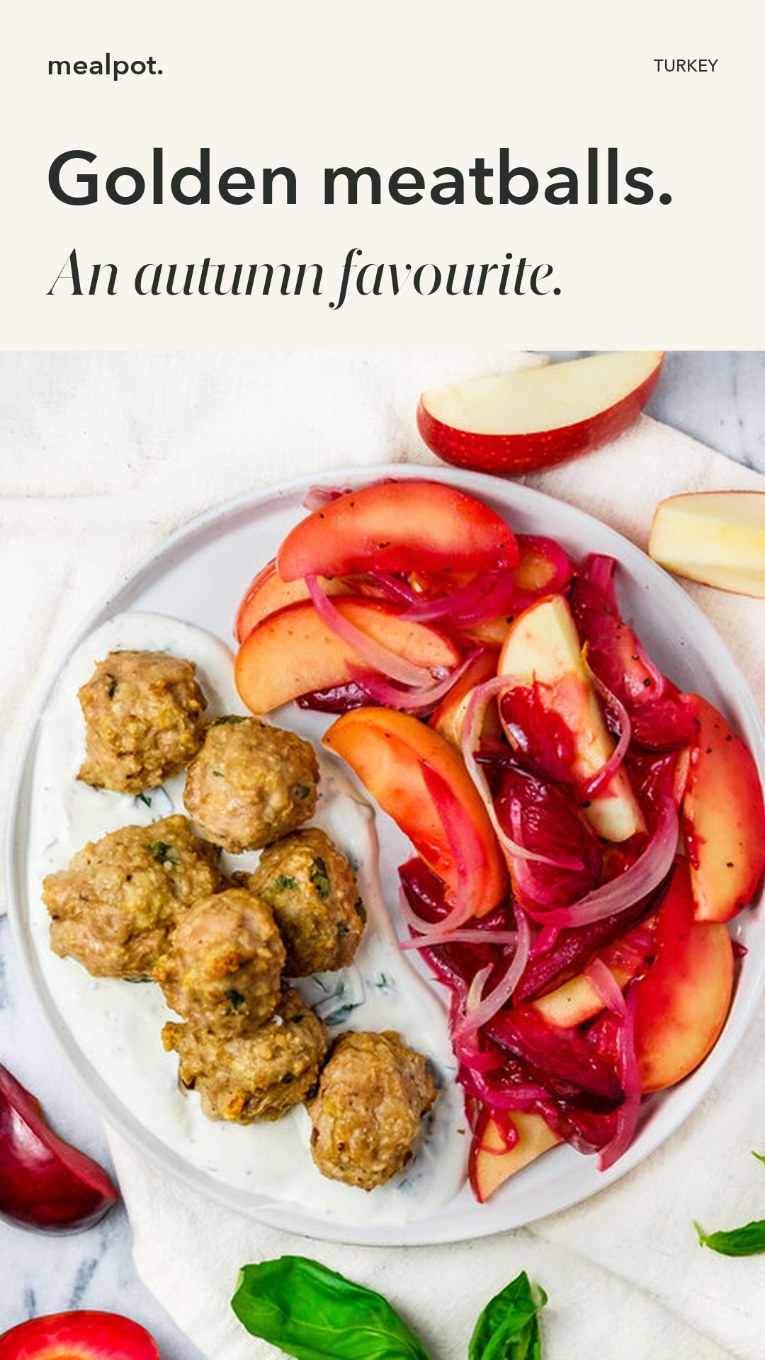 Sheet Pan Turkey Meatballs with Roasted Apples, Plums & Basil Yogurt