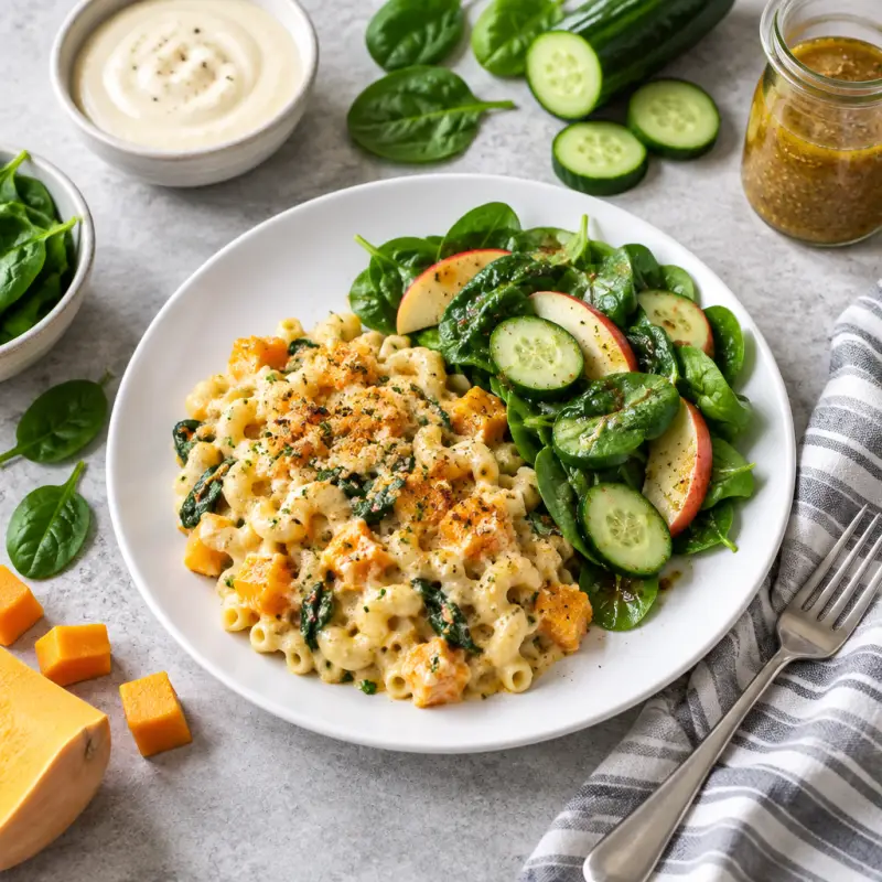 Alfredo Macaroni & Butternut Squash Bake with Spinach-Apple Salad, plated