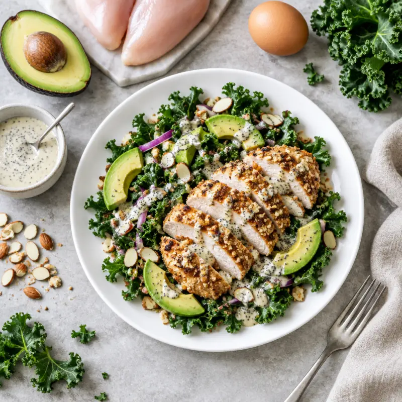 Almond Crusted Chicken & Kale Salad with Avocado & Poppyseed Dressing, plated