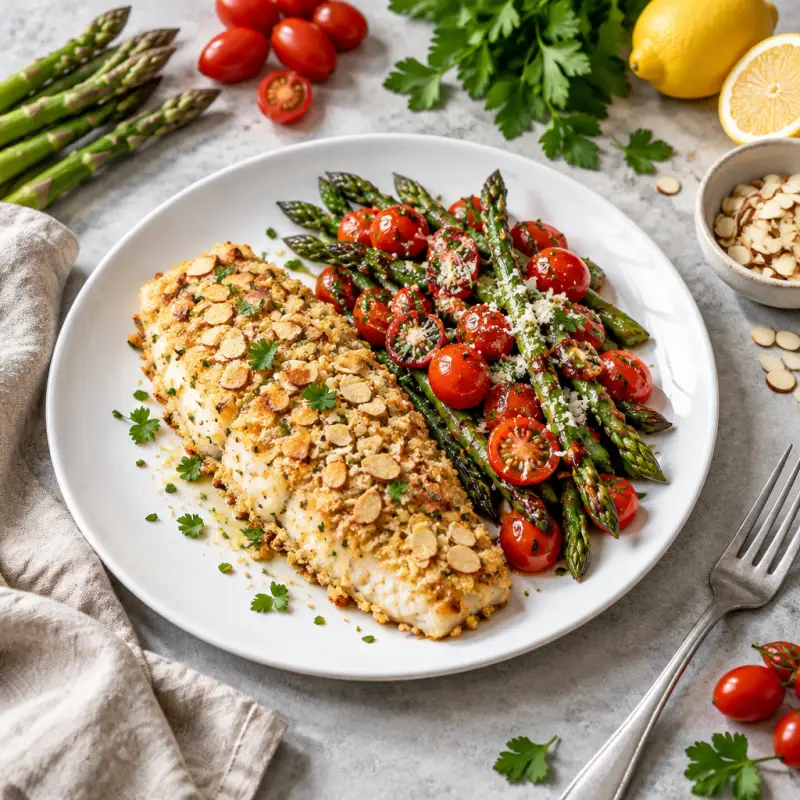 Almond Dusted Sole with Balsamic-Parmesan Asparagus & Tomatoes, plated