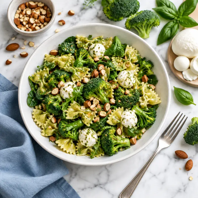Almond Pesto Pasta Salad with Broccoli, Greens & Fresh Mozzarella, plated