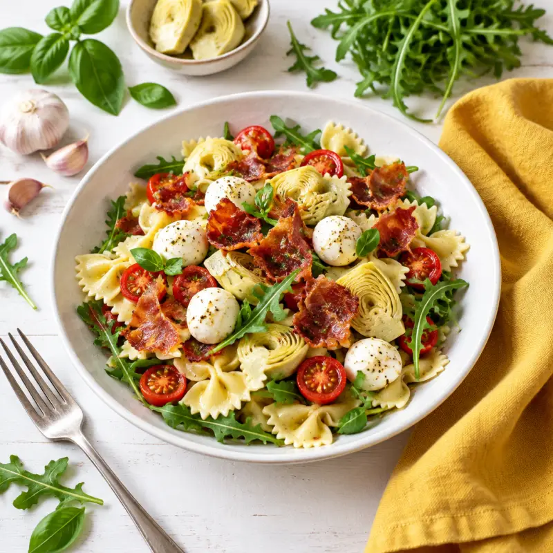Antipasti Pasta Salad with Crispy Prosciutto, Artichokes & Mozzarella, plated
