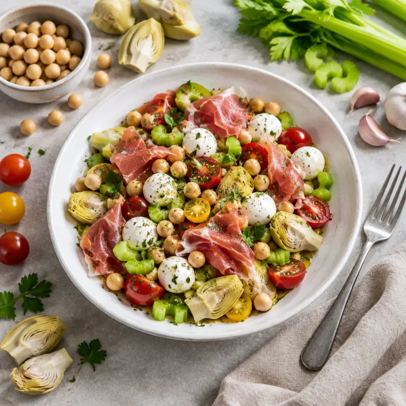 "Antipasti" Salad with Prosciutto, Marinated Chickpeas & Mozzarella, plated