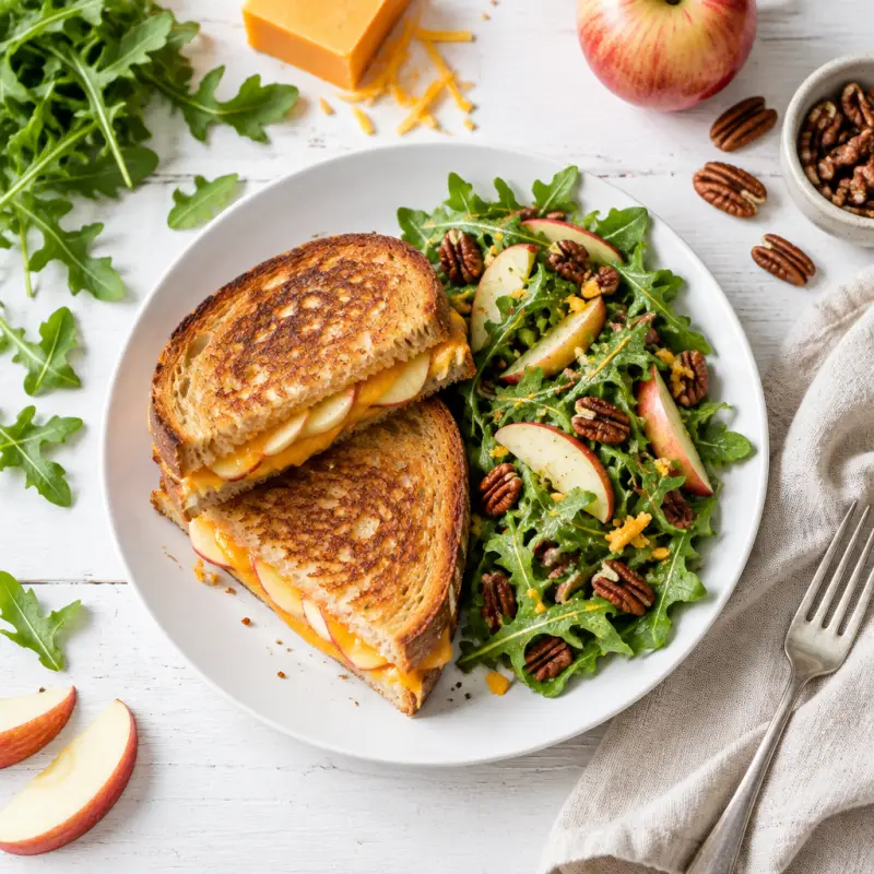 Apple-Cheddar Grilled Cheese Sandwiches with Arugula, Apple & Pecan Salad, plated