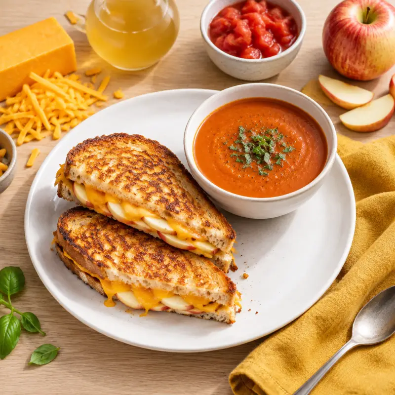 Apple-Cheddar Grilled Cheese Sandwiches with Tomato Soup, plated