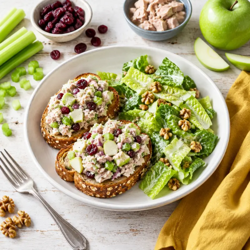 Apple-Cranberry Tuna Salad Toasts with Creamy Walnut Romaine Salad, plated