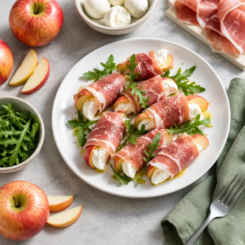 Apple, Mozzarella & Prosciutto Roll-Ups, plated