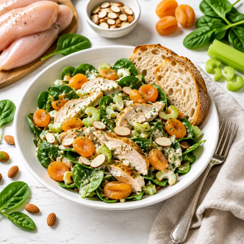 Apricot Chicken Salad with Spinach & Crusty Bread, plated