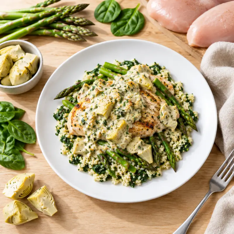 "Artichoke Dip" Smothered Chicken & Asparagus over Spinach Couscous, plated