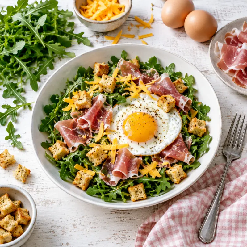 Arugula Breakfast Salad with Fried Egg, Prosciutto, Cheddar & Croutons, plated