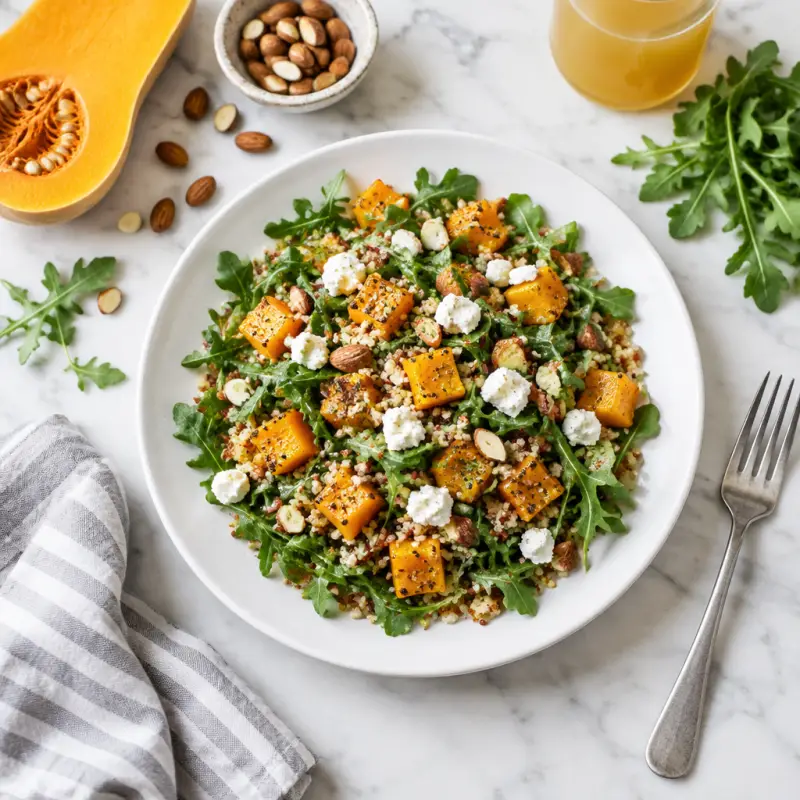 Arugula, Butternut Squash & Quinoa Salad with Goat Cheese, plated