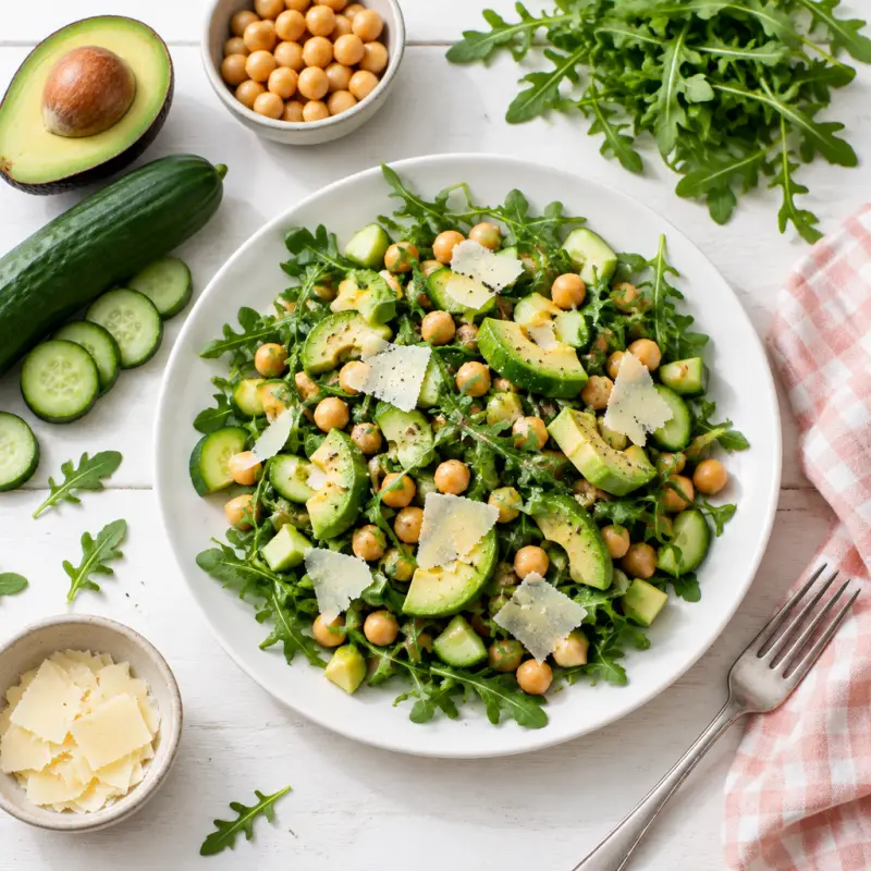 Arugula & Chickpea Salad with Cucumber, Avocado & Parmesan, plated