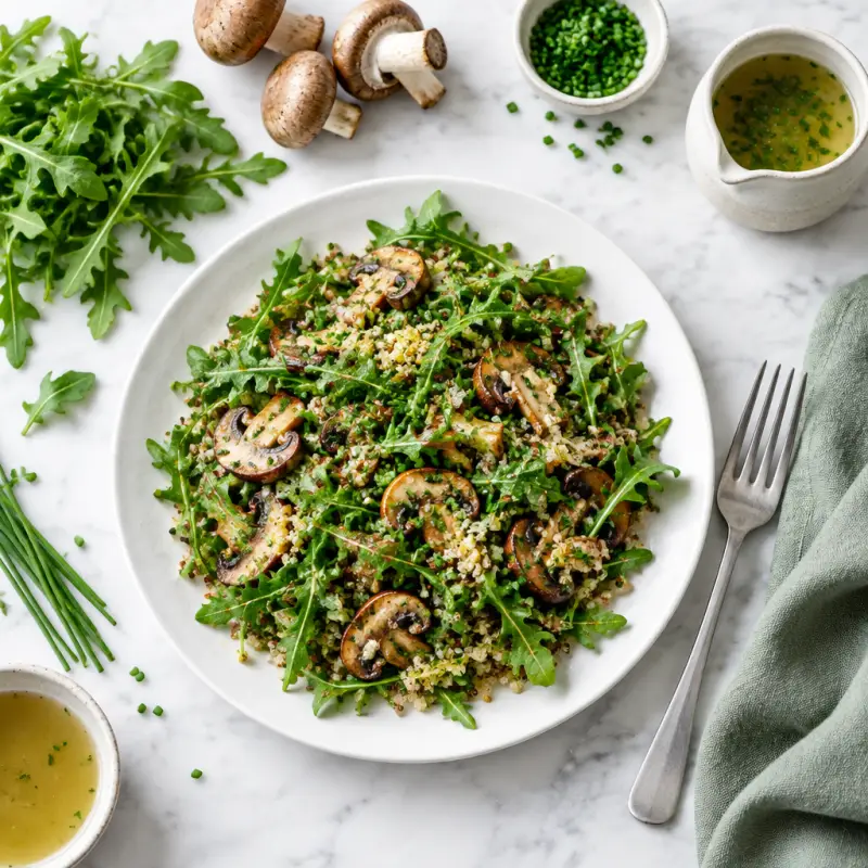 Arugula, Mushroom & Quinoa Salad with Lemon-Chive Vinaigrette, plated