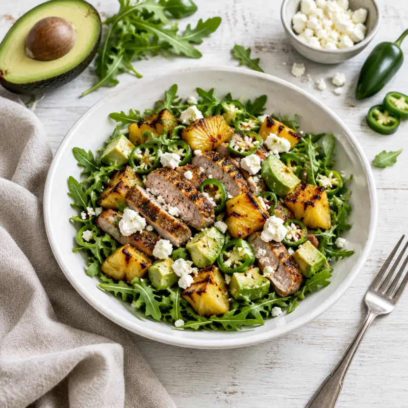 Arugula Salad with Pork, Spicy Charred Pineapple, Avocado & Feta, plated