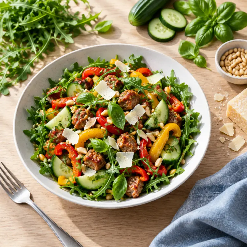 Arugula Salad with Sausage, Bell Pepper, Parmesan, Pine Nuts & Basil, plated