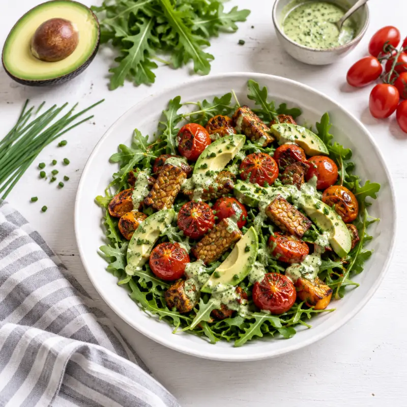 Arugula-Tempeh Salad with Blistered Tomatoes, Avocado & Chive Dressing, plated