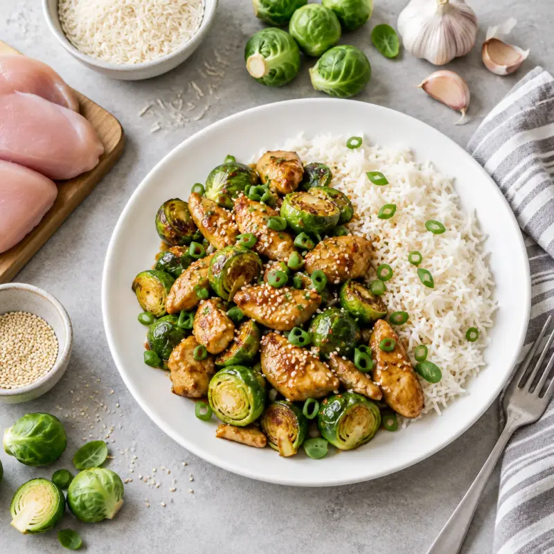 Asian Chicken & Brussels Sprouts Stir Fry with Basmati Rice, plated