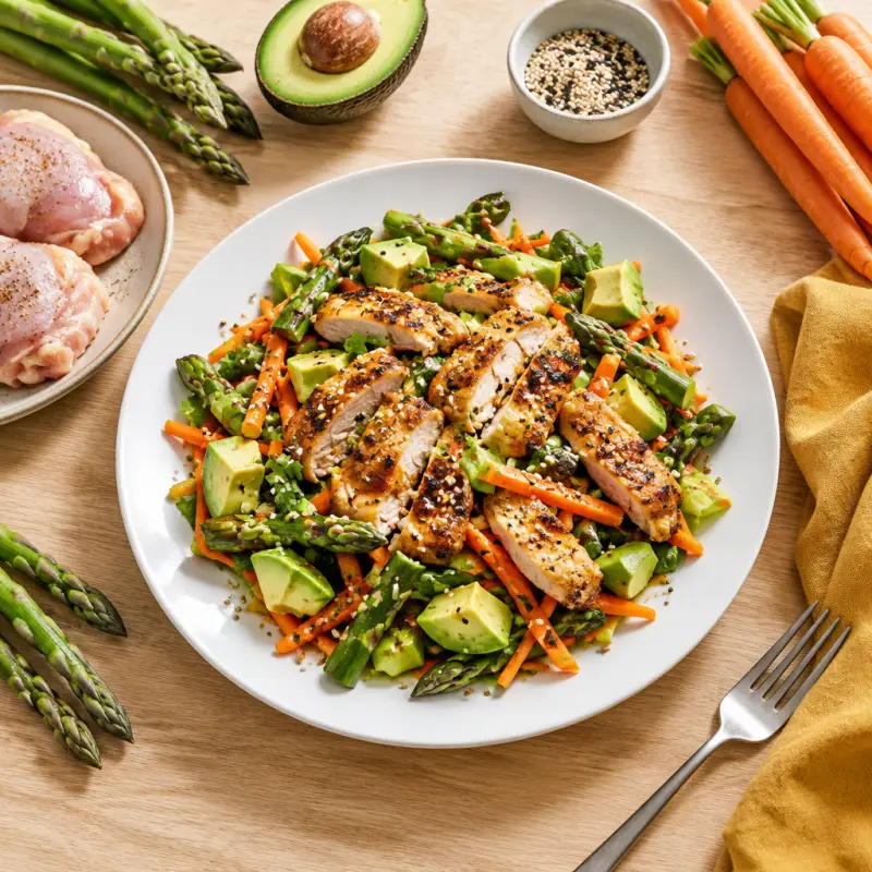 Asian Chicken with Crunchy Carrot, Asparagus, Avocado & Sesame Salad, plated