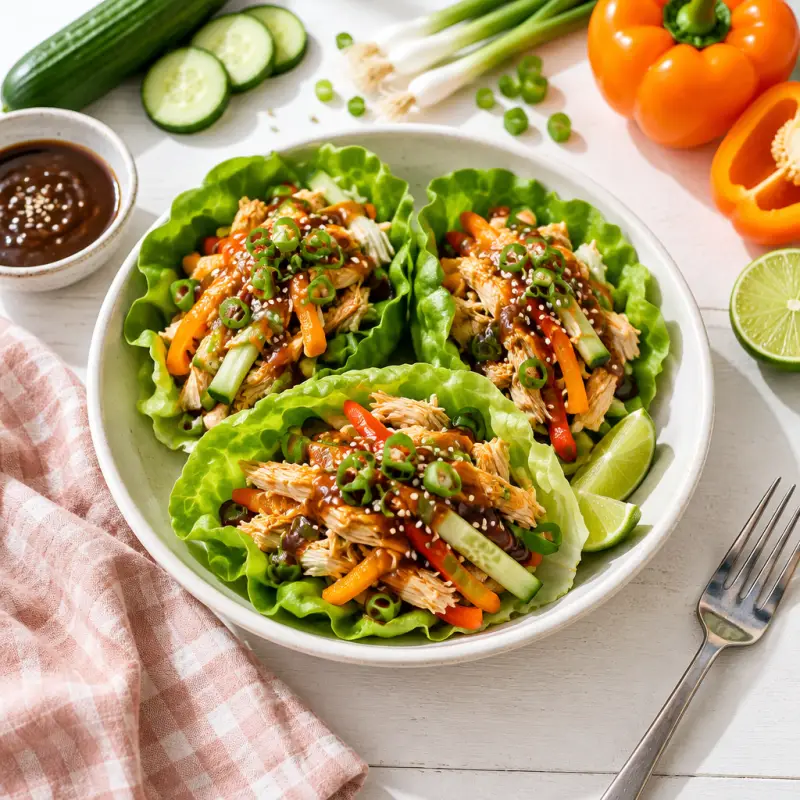 Asian Chicken Salad Wraps with Cucumber, Bell Pepper & Hoisin Sauce, plated