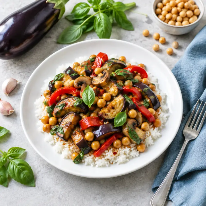 Asian Chickpea, Eggplant, Pepper, Mushroom & Basil Stir-Fry with Rice, plated