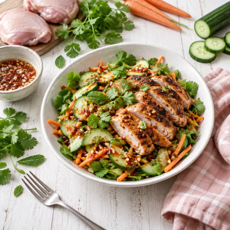 Asian Chili-Garlic Salad with Grilled Chicken Thighs & Fresh Herbs, plated
