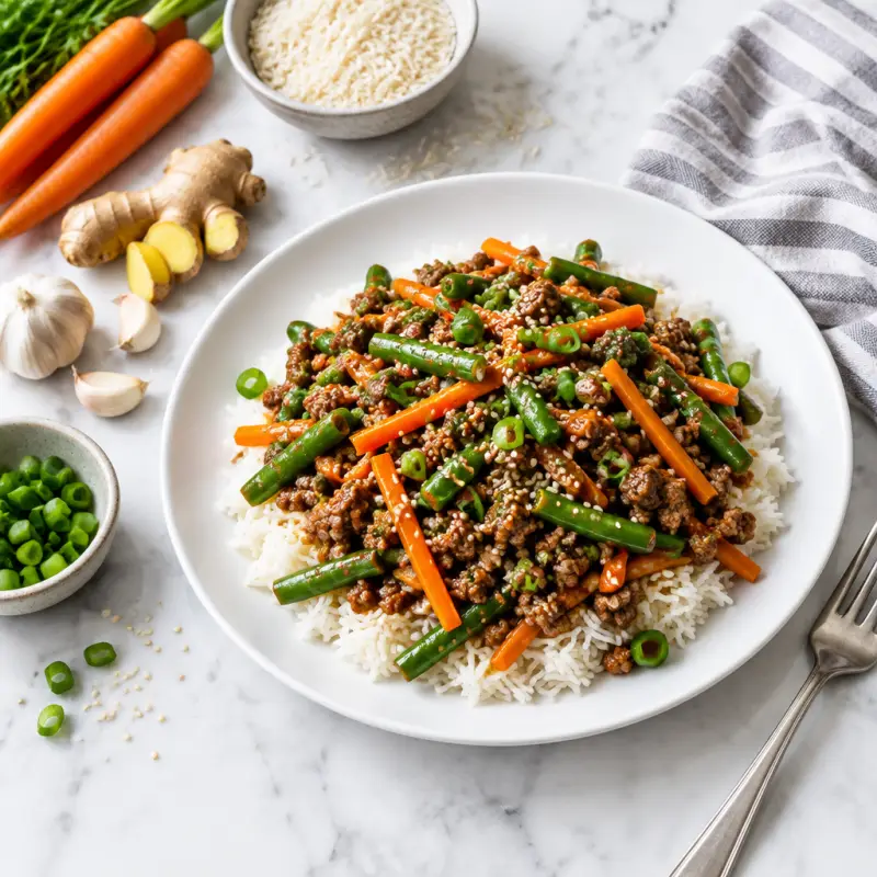 Asian Ground Beef Stir-Fry with Green Beans & Carrots over Rice, plated