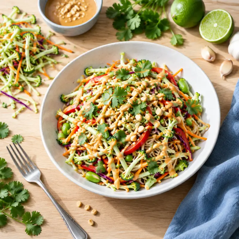 Asian Noodle Salad with Broccoli Slaw & Creamy Peanut Sauce, plated
