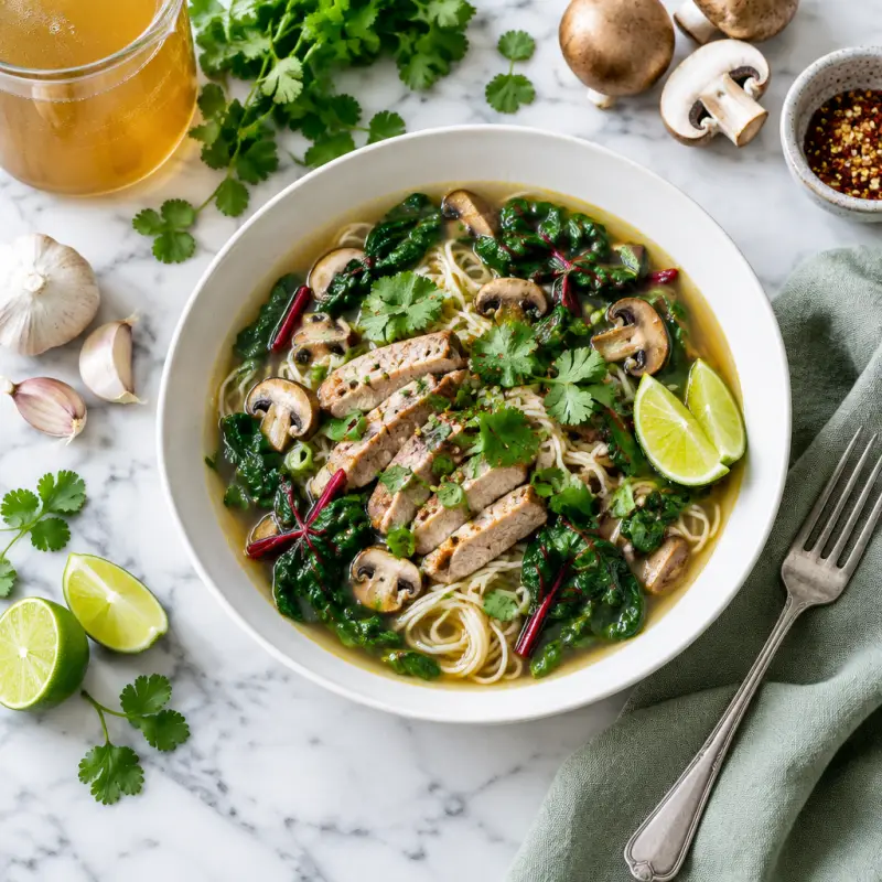 Asian Pork Noodle Soup with Swiss Chard, Mushrooms, Cilantro & Lime, plated