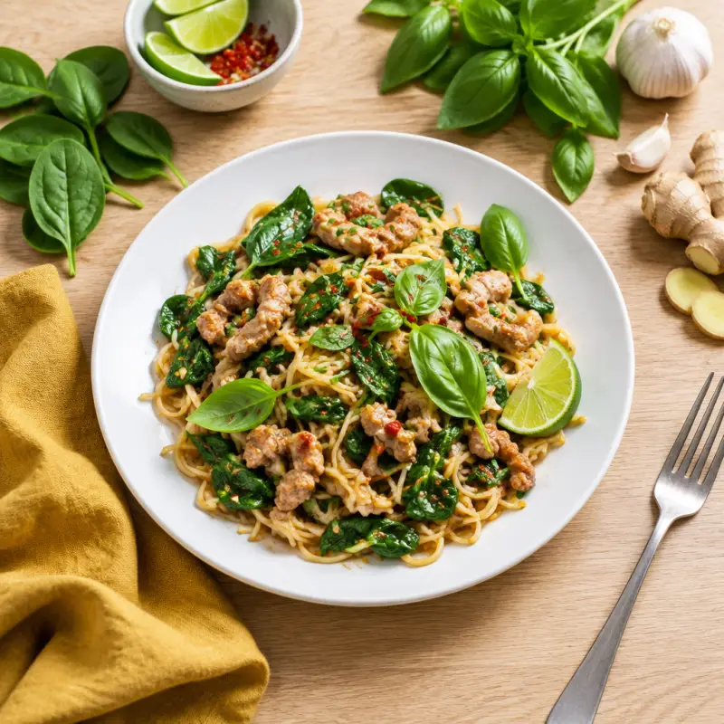 Asian Pork Noodles with Lime, Basil & Spinach, plated