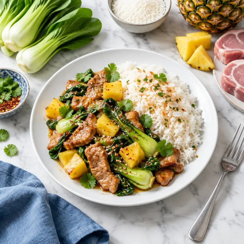 Asian Pork Stir-Fry with Pineapple, Bok Choy & Coconut Rice, plated