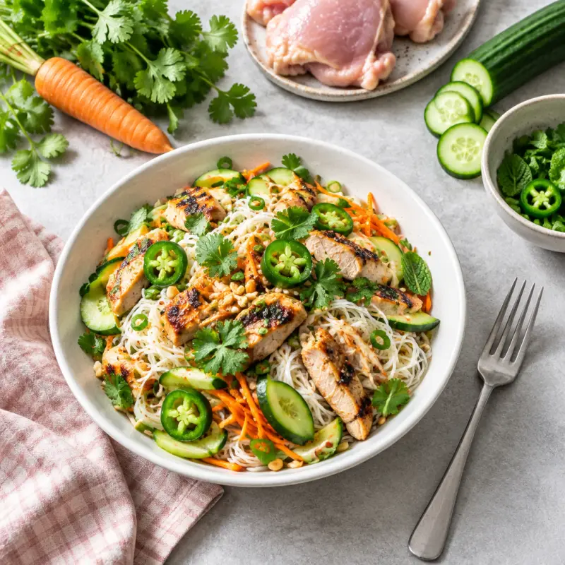 Asian Rice Noodle Salad with Grilled Chicken, Jalapeños & Fresh Herbs, plated