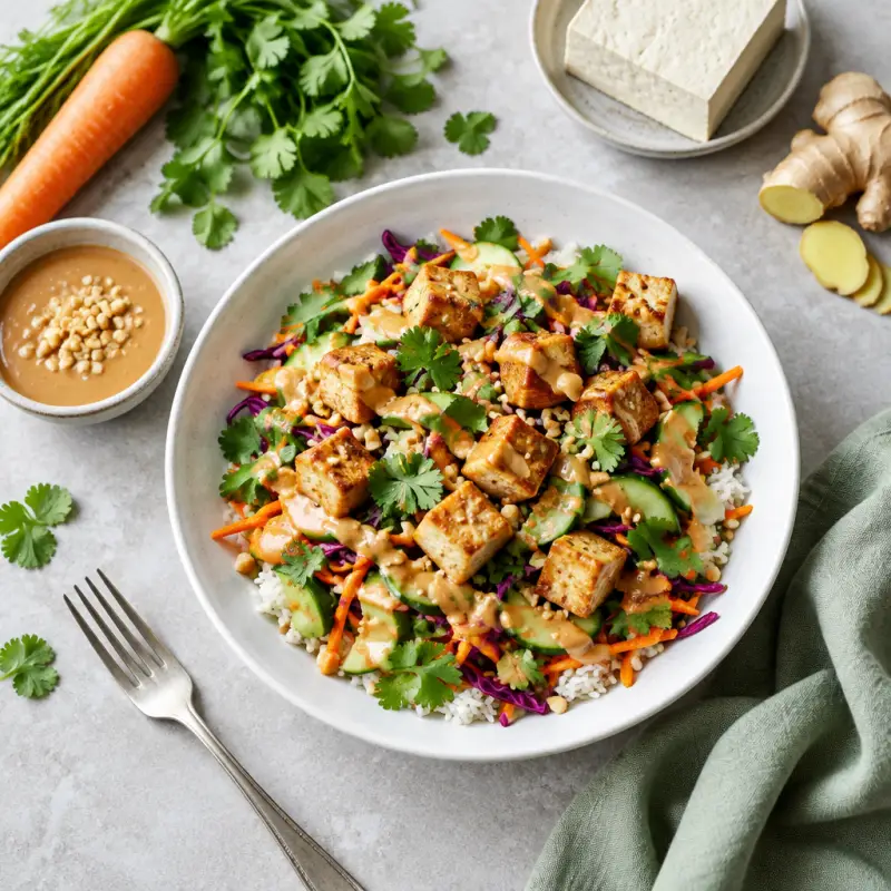 Asian Rice Salad with Crispy Tofu, Cilantro & Ginger-Peanut Dressing, plated