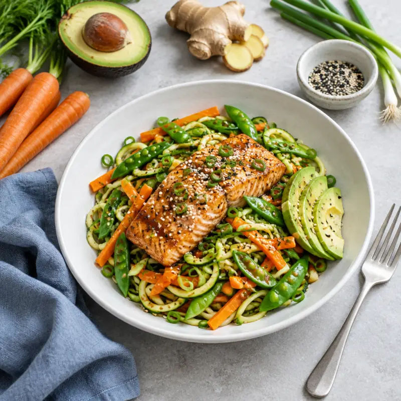 Asian Salmon Zucchini Noodle Bowl with Carrots & Sugar Snap Peas, plated