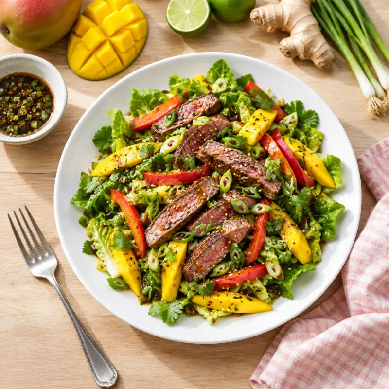 Asian Steak & Mango Salad with Bell Pepper & Romaine, plated
