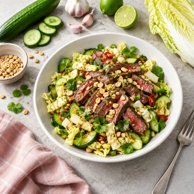 Asian Steak Salad with Cucumber, Napa Cabbage & Peanuts, plated