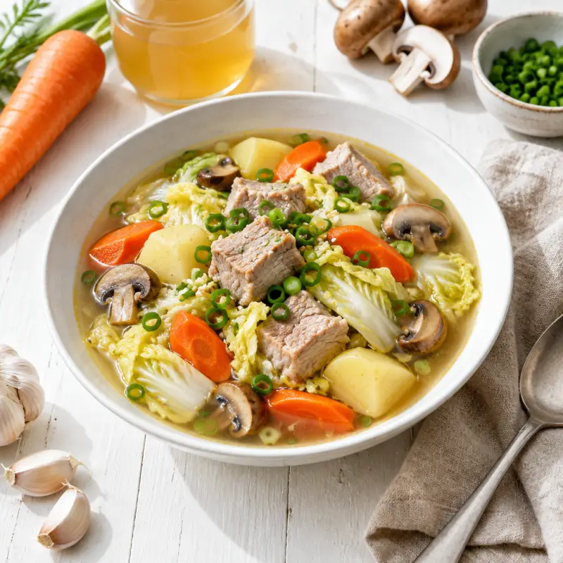 Asian-Style Pork Soup with Napa Cabbage, Potatoes, Carrots & Mushrooms, plated