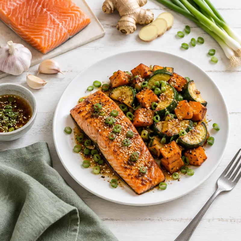 Asian-Style Salmon with Roasted Zucchini & Sweet Potatoes, plated