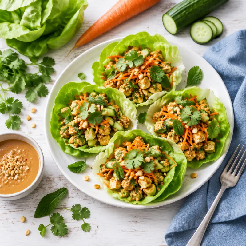 Asian Tofu-Peanut Lettuce Wraps with Carrot, Cucumber, Cilantro & Mint, plated