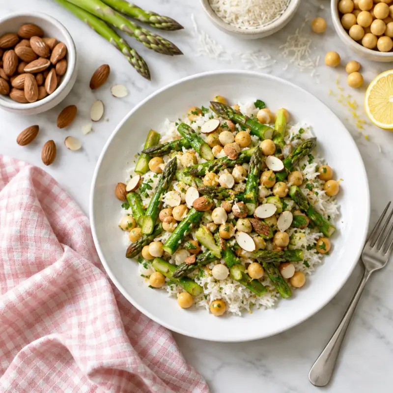 Asparagus & Chickpea Rice Bowl with Almonds & Lemon Vinaigrette, plated
