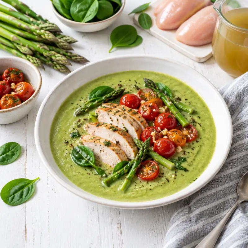 Asparagus Soup with Chicken Slices & Garlicky Grape Tomatoes, plated