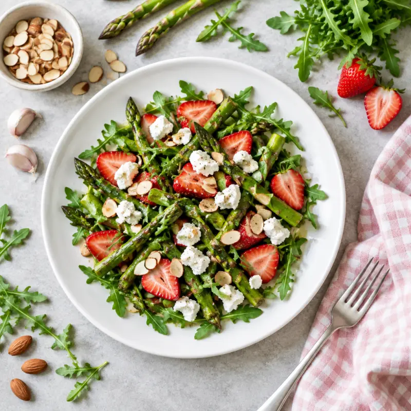 Asparagus, Strawberry & Arugula Salad with Goat Cheese & Almonds, plated