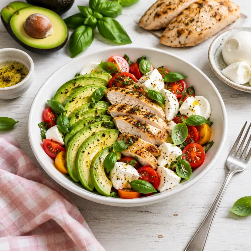 Avocado Caprese Salad with Grilled Chicken, plated