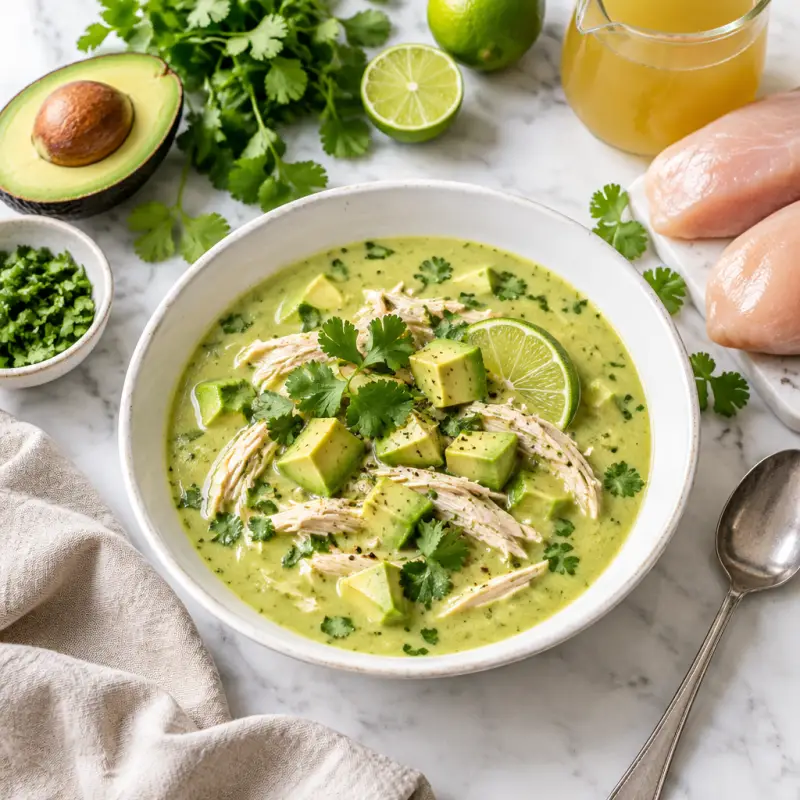 Avocado Chicken Soup with Lime & Cilantro, plated